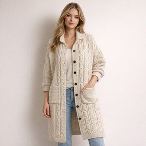 Aran Crafts Womens Long Cardigan Sweater Medium Cream Merino Wool Knit